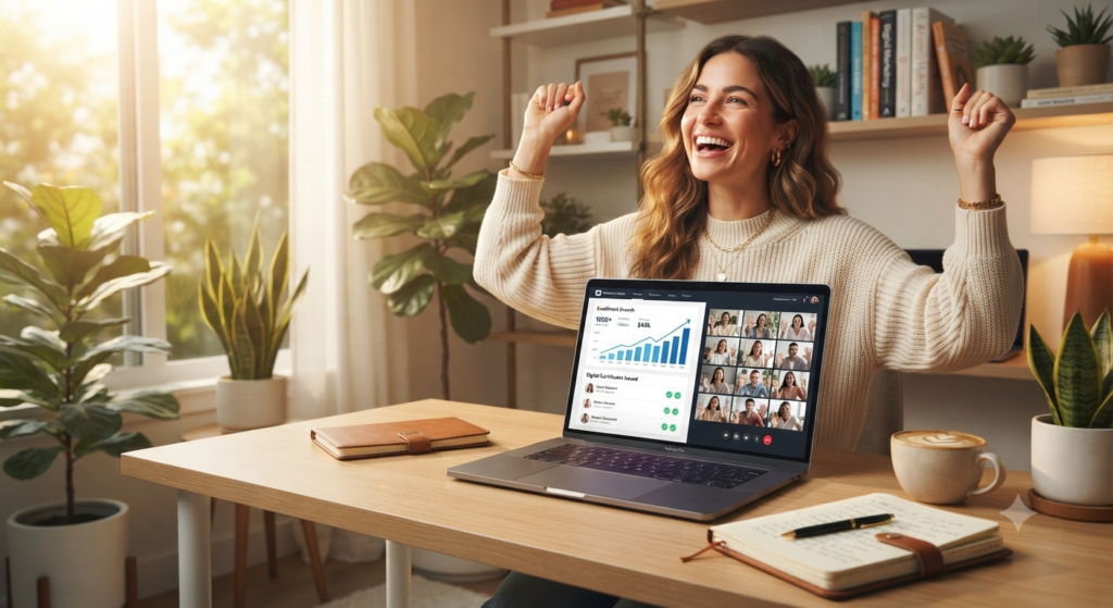 A successful online educator celebrating after launching an online course from a modern home office. Laptop showing student enrollment growth charts, digital certificates, happy students joining virtual classes, professional workspace with books, notebook, coffee, warm natural sunlight, inspiring atmosphere, ultra-photorealistic DSLR photography, cinematic composition, 8K quality, no text, no logos, no watermark.