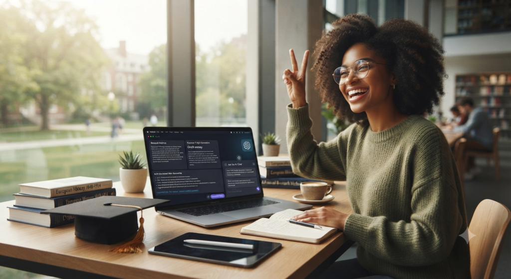 Student achieving academic success with AI learning tools