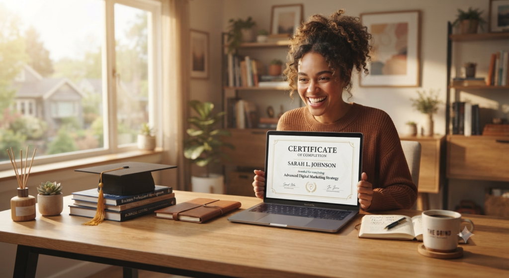 Student celebrating success after completing an online learning course
