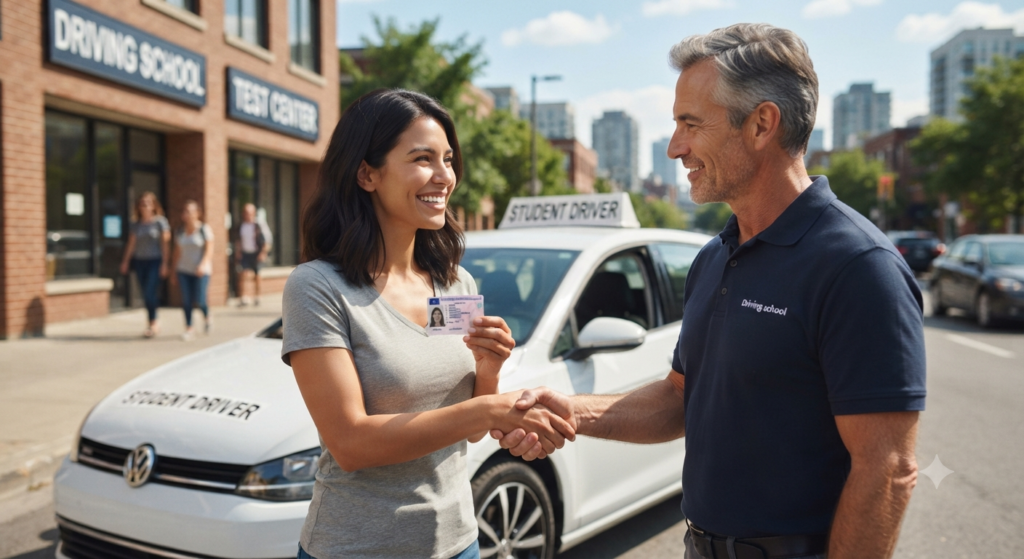 A happy adult proudly holding a newly issued driver's license beside a modern training vehicle while shaking hands with a professional driving instructor. Bright sunny day, successful driving test completion, confident smile, realistic urban driving school environment, cinematic lighting, ultra-photorealistic, DSLR photography, 8K quality, clean composition, no text, no logos, no watermark.