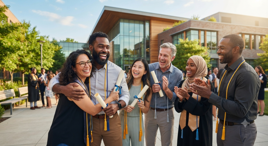 Adult graduates celebrating success after completing education adulte