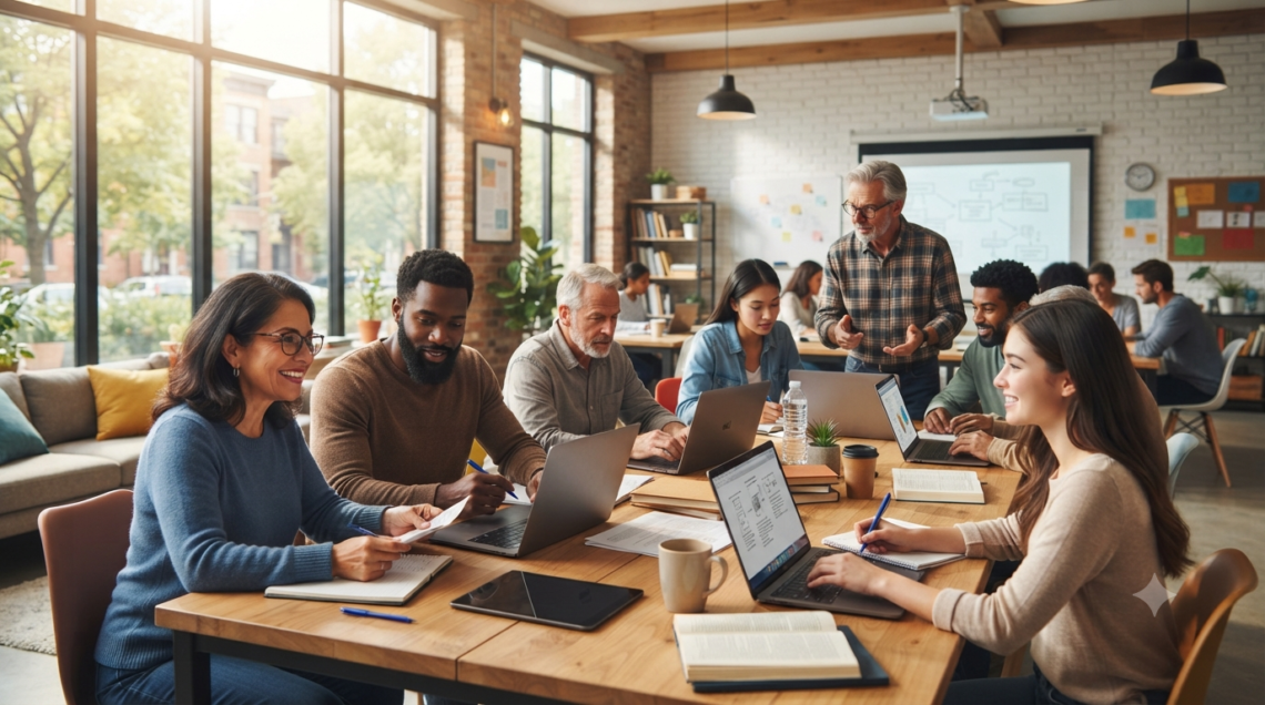 Education adulte students learning in a modern classroom