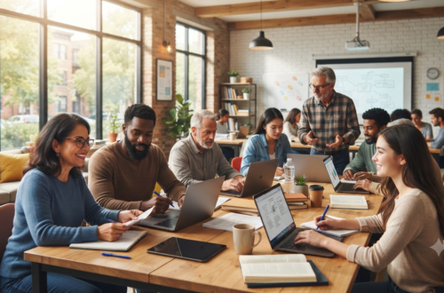 Education adulte students learning in a modern classroom