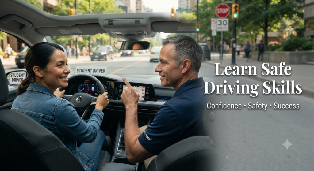 Adult driver building confidence during professional driving lessons