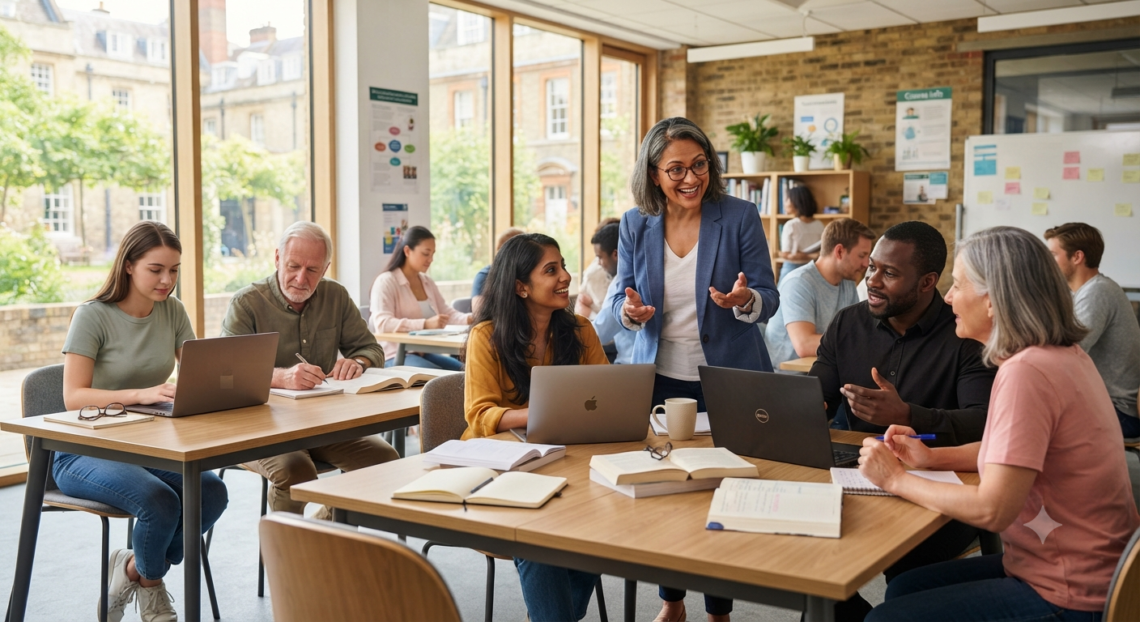 Students learning at Cambridge Centre for Adult Education in a modern classroom