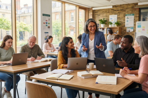 Students learning at Cambridge Centre for Adult Education in a modern classroom